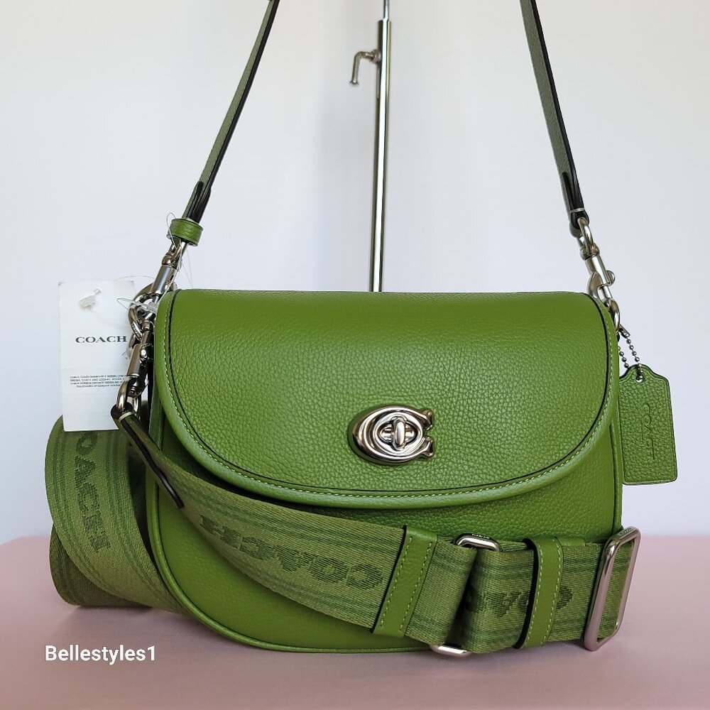 COACH Willow Saddle Pebbled Leather Saddle Crossbody Bag- Dark Lime color ⭐ - Picture 5 of 16